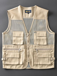Mens Outdoor Workwear Vest Summer Fishing Design Multiple Pockets Standard Fit V-Neck Versatile Youthful Casual Style