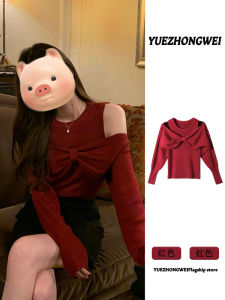 Christmas New Year Red Bow Knot Slim Fit Shoulder Bared Womens Knitted Sweater Inner Wear Autumn Winter Commute Style