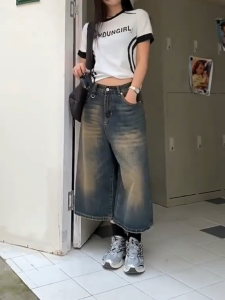 Retro wide-leg cropped denim pants for women summer high waist large size loose straight shorts