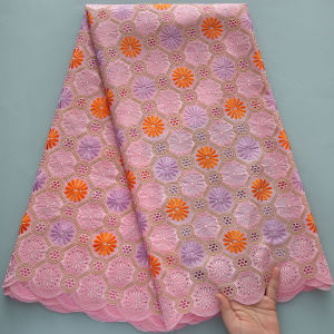 African Swiss Voile Lace Fabric - Intricate Grid Pattern with Purple/Orange Floral & Embroidery Cotton For Bridal Wedding Dress