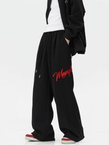 Retro American Embroidered Street Dance Sports Pants Women Large Size Loose Autumn Winter Fleece Jazz Dance Pants Sweatpants