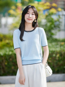 YUEXINYIRONG | Elegant Color-block Ice Silk Short Sleeve T-shirt Breathable and Cool to Wear