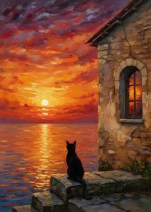 Black Cat Landscape Poster Santorini Mediterranean Scenic Canvas Frameless Aesthetic Travel Wall Art for Home Decortion