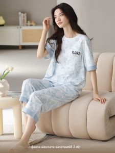 MiiOW | ชุดนอนผ้าฝ้ายแท้ 100% สำหรับผู้หญิง ชุดนอนฤดูร้อนบางๆ แขนสั้น กางเกงขาสั้น ใส่ไปข้างนอกได้ ชุดนอนสบายๆ สำหรับฤดูร้อน