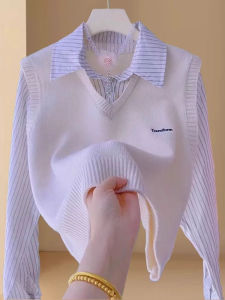 Áo Sơ Mi Dệt Kim Ngắn Nữ 2025 Xuân Thu Mẫu Mới Phong Cách Đại Học Kẻ Sọc Áo Vest Ghép Nối Đa Năng Áo Ngắn