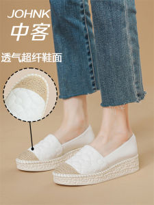 Johnk Womens Fisherman Shoes Middle Heel Slip-On Loafers Thick Bottom Slope Heel Small Fragrance Style Fashion Single Shoes