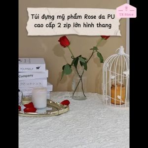 Túi đựng mỹ phẩm Rose da PU cao cấp 2 zip lớn hình thang