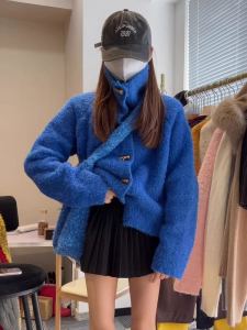 Klein Blue Button Cardigan High Collar Sweater Womens Autumn Winter Large Size Warm Soft Comfortable Top Quality Material