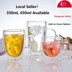 Double Wall Insulated Drinking Glass Coffee Tea Cup With Handle Cover 350ML/450ML [SG Seller]