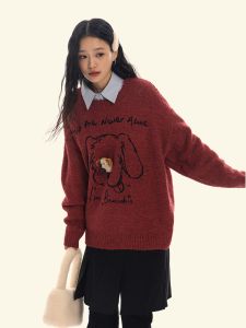 Ladies Thickened Loose Fit Sweater Sweet Style Doggies Lazy Fashion Soft Cozy Autumn Winter Outerwear round Neck Long Sleeve