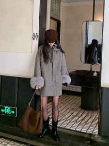 Feimao Double-sided Cashmere Coat with Fox Sleeve Trim Thick Winter Outerwear for Women Korean Style Long Sleeve round Neck