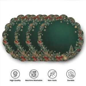 VIKAMA Poinsettia Handbell Berry Pine Wreath Placemat Beige Background Wavy Edge Red Flower Gold Green Holly Christmas Table Mat