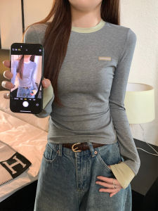 Kumikumi Long Sleeve Color Block T-Shirt Womens Autumn Winter Slim Fit Versatile Base Layer Shirt Top Korean Style Commute