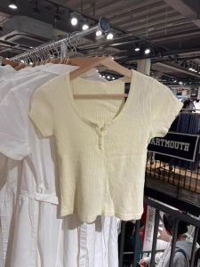 Áo Thun Nữ Tay Ngắn Màu Vàng BM Mùa Hè Mới Thường Ngày Ôm Vừa Vặn Màu Trơn Viền Hoa Áo Thun Cotton Pha Trộn