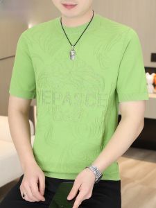 HENGYUANXIANG | Hengyuanxiang Ice Silk Knitted Short Sleeve T-Shirt Mens Base Layer Fashion Urban Style Standard Fit Round Neck Cool Sensation