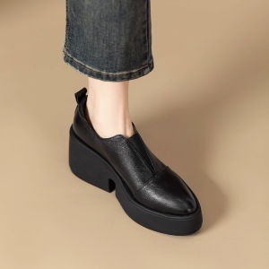 Womens Thick Bottom Slip-On Pumps Deep Mouth Leather Shoes Anti-Slip Fashionable Spring Autumn Vintage Style Height Increasing Platform Shoes