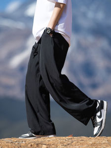 Ice Silk Drawstring Straight Leg Pants Mens Casual Loose Fit Breathable Thin Wide Leg Trousers Spring Summer Youth Fashion