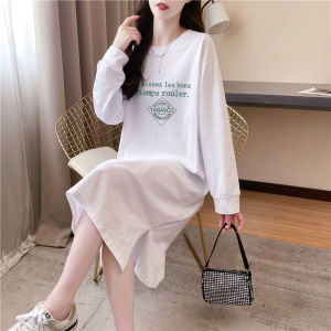 Pure Cotton Long Sleeve Dress Women Autumn Mid-Length Over-Knee Loose Split Hooded Lazy Home Sleepwear T-Shirt Dress