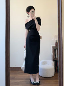 Summer Elegant New 2025 Womens Korean Style Dress Shoulder Slanting Neck Hanging Long Skirt Body Contouring High Waist A-Line