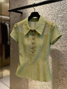 KUNAILIN | Chic French Vintage Single Button Green Short Sleeve Shirt