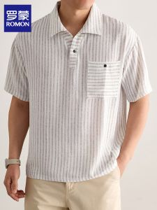 ROMON | Turn-Down Collar Thin Retro Style Contrast Stripe Loose Casual Polo Shirt