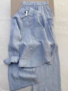 DANTING | Stylish Grey-Blue Long Sleeve and Wide Leg Two-Piece Set