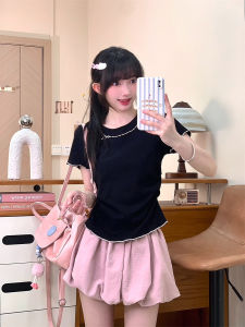 Áo Thun Nữ Tay Ngắn Thêu Thắt Nút Bướm Dáng Ôm Vừa Vặn Cổ Tròn Tay Dài Vừa Vặn Mùa Hè 2025