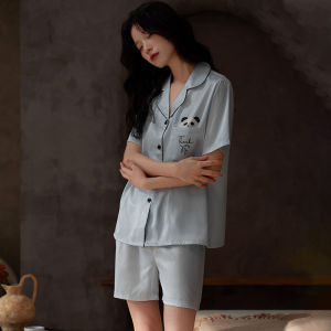 Miiow | MiiOW Ice Silk Sleepwear Short Sleeve Womens Home Clothes Cartoon Panda Design Summer Lightweight Comfortable Polyester Blend