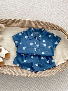 Bộ Đồ Trẻ Em Mùa Hè 2024 Áo Sơ Mi Trẻ Em Trai Phong Cách Hàn Quốc Bộ Đồ Denim Cổ Bẻ Dễ Thương Quần Short Hai Mảnh Bộ Đồ Trẻ Em