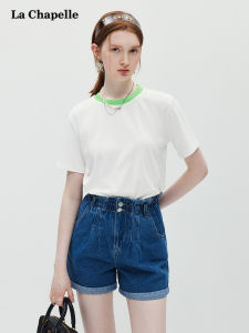 La Chapelle Zhao Lusi Same Style Collar with Contrast Color round Neck Short Sleeve T-shirt for Women Minimalist Easiest for Match