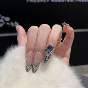 10pcs Champagne Diamond Press on Nails DIY Handmade Almond Shape Blue French Glitter Fake Nails For Party Wedding