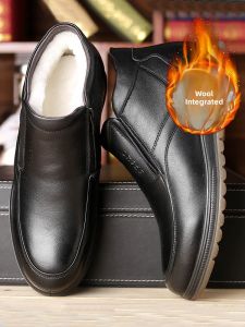 SHIPAILUO | Mens Winter Thickened Warm Fleece Lined Leather Snow Boots Casual Comfortable Wool Inner Mid-Calf Boots For Middle-Aged And Elderly