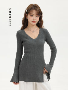 Elegant V-Neck Knitwear Side Slit Design Bell Sleeve Slimming Fashionable Korean Style Long Sleeve Knitted Top for Women