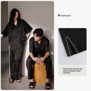 yuenei | Couples Summer Silk Pajamas Short Sleeve Long Pants Simulated Silk Home Clothes Black High-End Feelings Comfortable Breathable