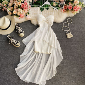 High Waist Asymmetrical Bandeau Sling Dress Stylish Fairy Dress Chic Gentle Large Swing Dress Dress