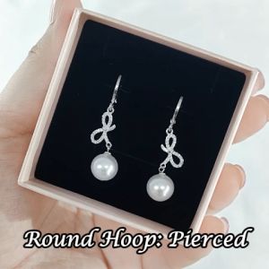 SO SEOUL Graceful Ribbon Bow with Pearl Dangle Solitaire Diamond Simulant Cubic Zirconia Left/Right Hoop Earrings