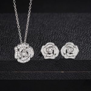 Huitan Elegant Flower CZ Jewelry Set for Women 2PCS Rose Charm Necklace Earrings Set Cubic Zirconia Bridal Wedding Accessories