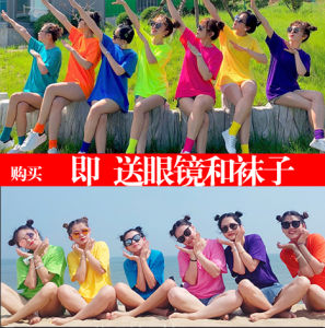 เสื้อยืดคอกลมแขนสั้นผ้าฝ้ายทรงหลวมสำหรับผู้หญิงในช่วงฤดูร้อน สีหวาน ใส่ไปเที่ยวสวนสนุกได้