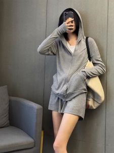 Casual Striped Sportswear Set for Women Korean Style Lazy Fashion Sunscreen Jacket Shorts Two-Piece Set Summer 2024