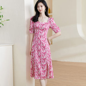 Mishiyang Summer New Romantic French Style Slimming Long Dress with Slit Square Collar Womens Fashion Polyester A-Line Dress