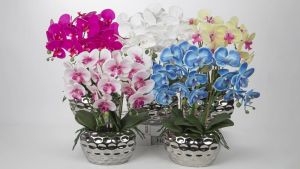 Artificial Orchid with Silver Vase White Orchid Artificial Flowers Silk Orchids Faux Orchid Plant Phalaenopsis Orchid Flower for Home Decor Kitchen Decoration Table centerpieces White with Silver vase
