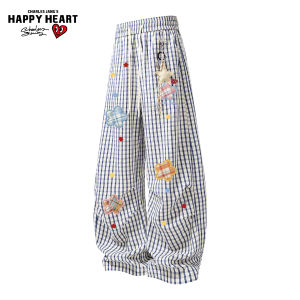 CHARLES JANGS HAPPY HEART | Loose Large Floral Print Plaid Pants
