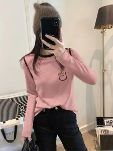 Fall 2024 Womens Long Sleeve T-Shirt Pink Velvet Base Layer Shirt Korean Style Commute Polyester Fiber Print round Neck
