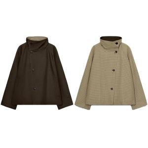 Chic Double Side Women Jacket Stand Collar Pockets Long Sleeve Single Breasted Plaid Female Coat Casual Outwear Office Spring