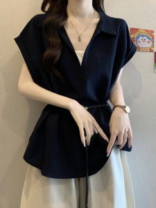 plus Size Womens Shirt V-Neck Tie Waist Short Sleeve Design Korean Style Commute Cotton Blend Slimming Top for Summer