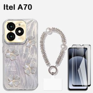 For Itel A70 case Itel A70 tempered glass and lanyard 3in1 Feathered phone case Four-leaf clover painted protective case Full-screen tempered glass Pearl + rhinestone phone case