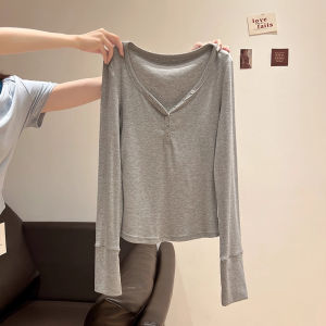chaqi | Slim Fit Pure Color Asymmetric Button Design Long Sleeve T-shirt