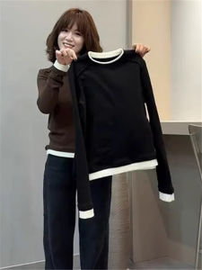 Áo Thun Dài Tay Màu Đen Ôm Vừa Vặn Cho Nữ Mùa Thu 2024 Áo Thun Cotton Màu Trơn Cổ Tròn Tay Dài Thường Ngày Phong Cách Hàn Quốc