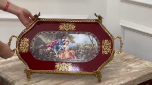 Khay trà sứ bọc đồng vẽ vàng họa tiết Châu Âu Khay-JD-1213