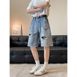 Ripped Denim Shorts Men Summer Pants Retro Five-Point Trendy Design American High Street Poor Mans Jeans Casual Loose Straight Cut